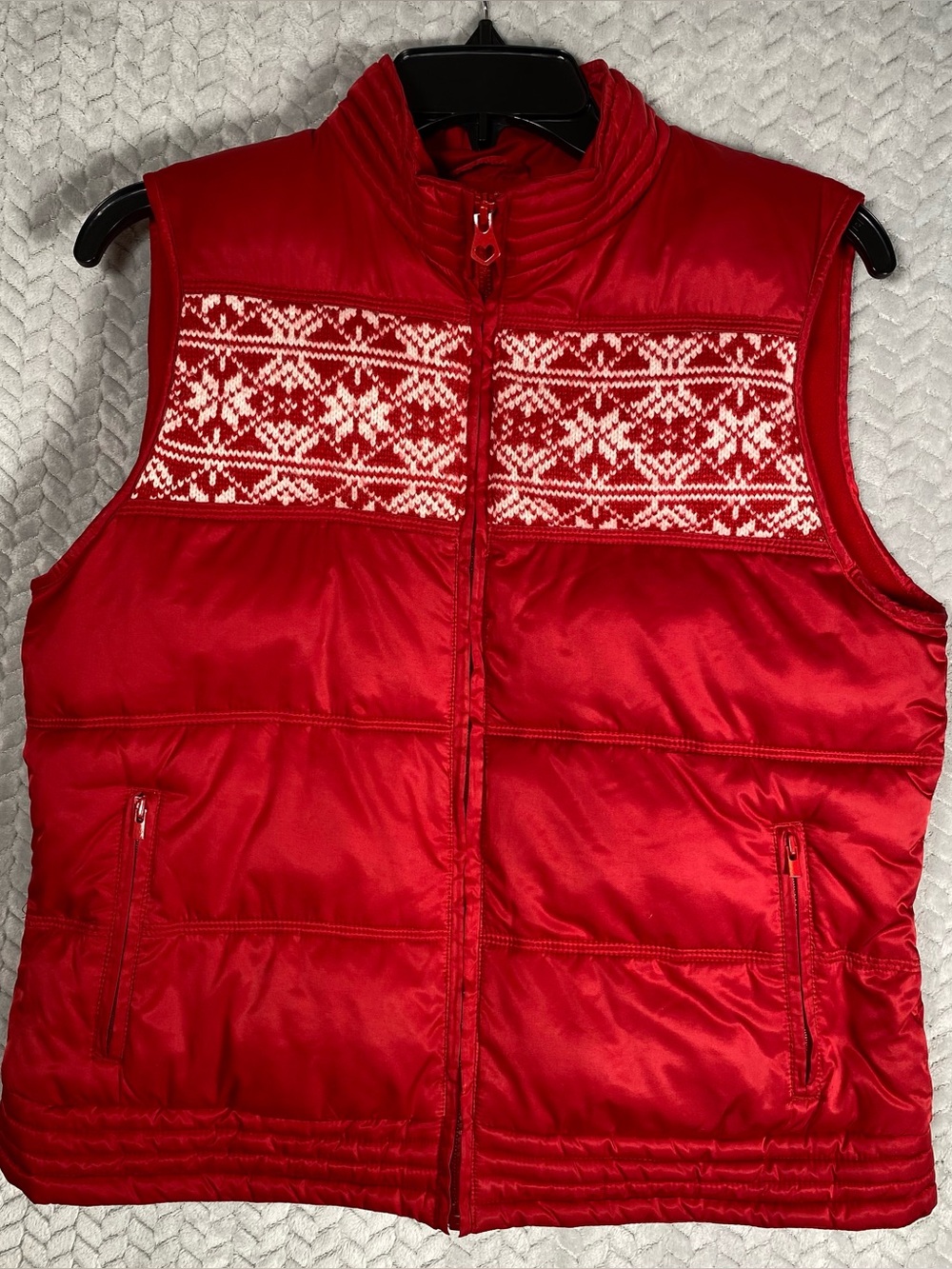 Vintage y2k Old Navy Puffer Vest M Red Fair Isle Fleece Lined Sleeveless Angora